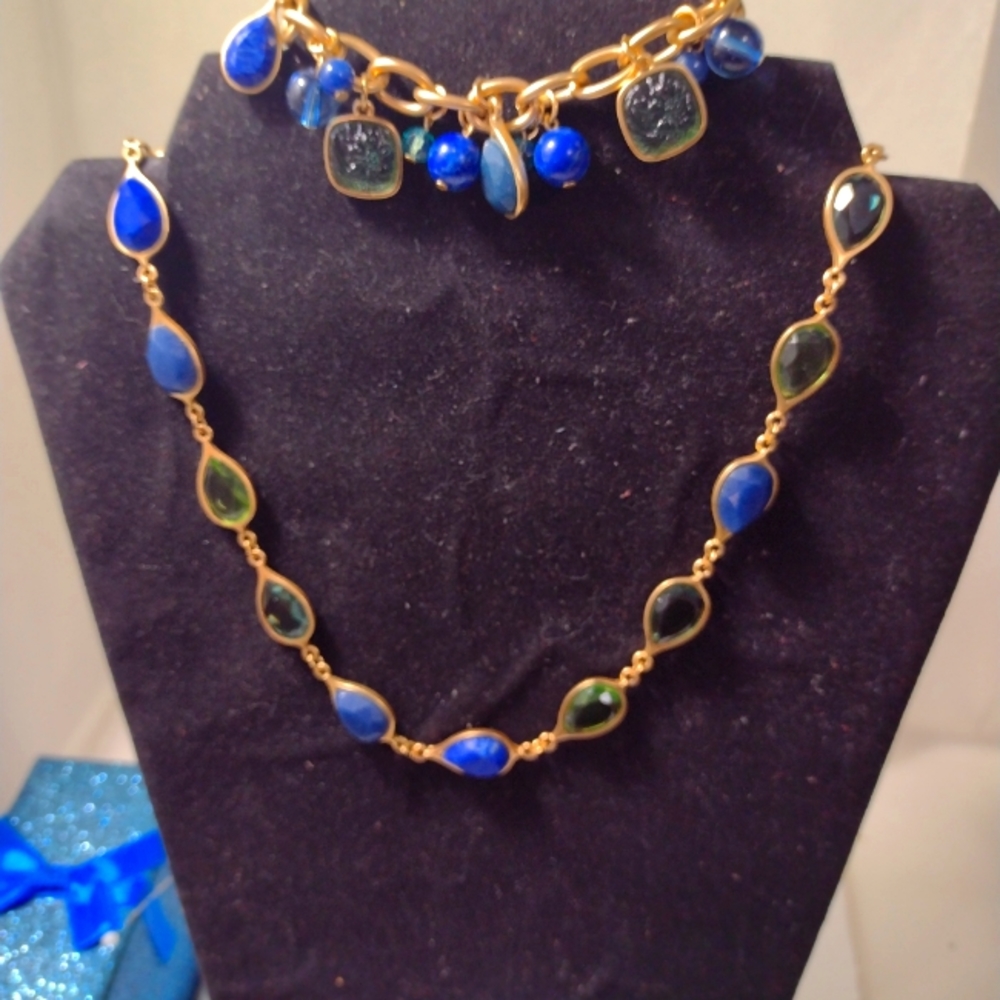Carolee New York Blue Lápiz Jade SEMI-PRECIOUS Stones NECKLACE and BRACELET Set